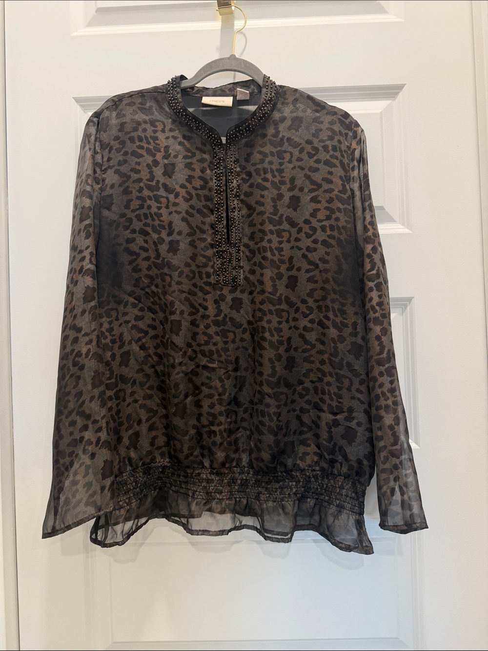 Chico's Black and Brown Leopard Print Beaded-Collar Blouse